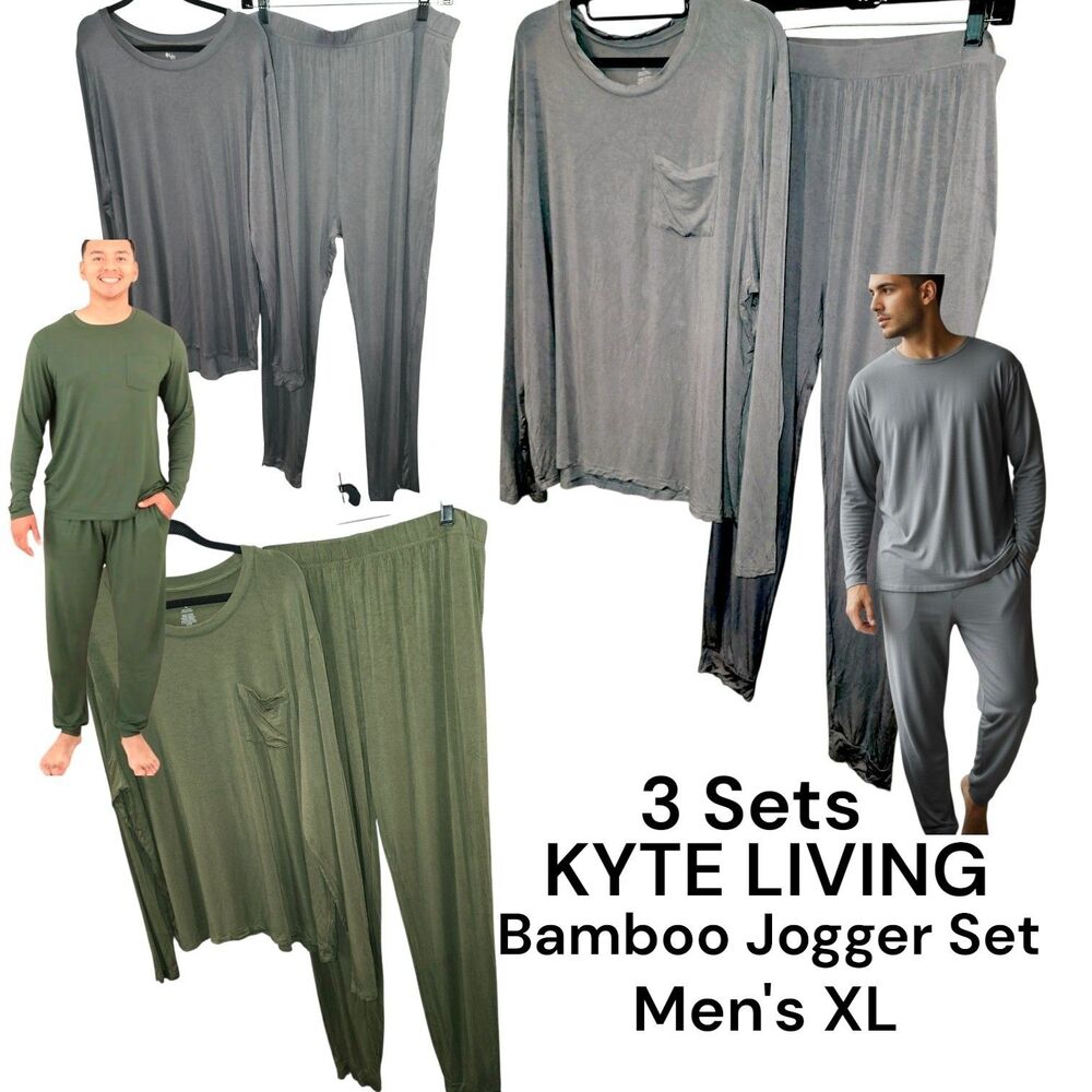 KYTE LIVING 3 Pair LOT Sz XL Olive Green & Gray Bamboo Blend Jogger Pajama Sets